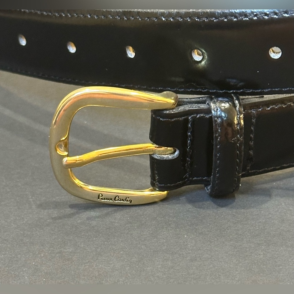 🌟HP🌟VTG 2000s Pierre Cardin Designer Black Leather Dress Belt Gold Buckle USA 39 - Picture 5 of 10